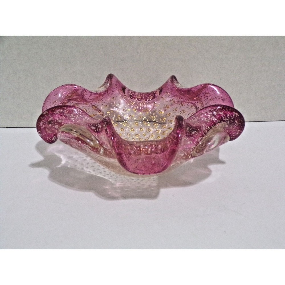 Murano Vintage Pink & Clear Art Glass Bowl Compote Ruffled Edges 6.5" Rd X 2.5"D
